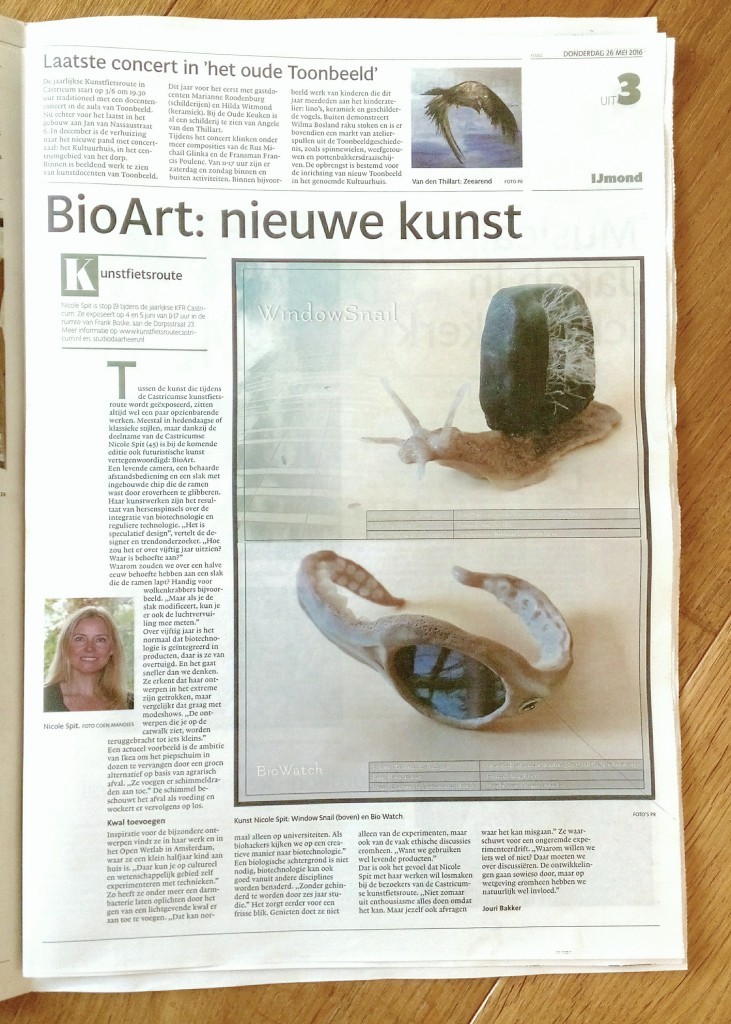 Artikel over BioArt van Nicole Spit in het Noord HollandsDagblad van 26 mei 2016